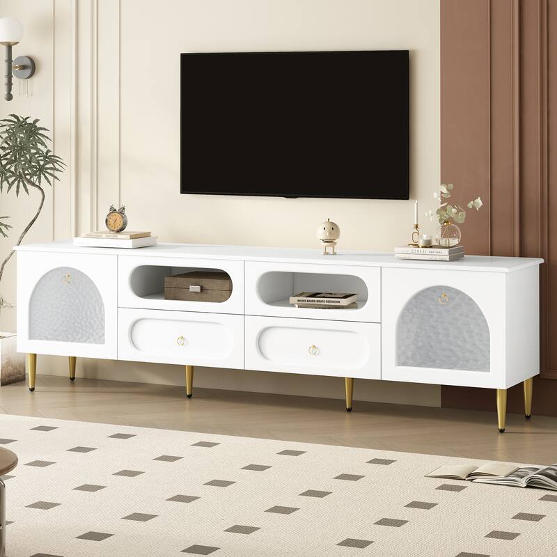 Retro-Style TV Stand, for TVs up to 85 Inches with 2 Cabinets, 4 Drawers and Anti-Tipping Device, for Living Rooms, White