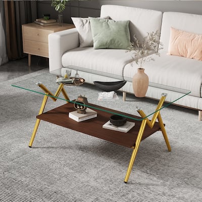 Rectangle Coffee Table with Tempered Glass Top and Shelf for Living Room