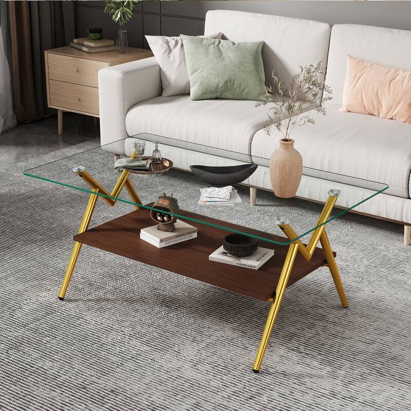 Rectangle Coffee Table with Tempered Glass Top and Shelf