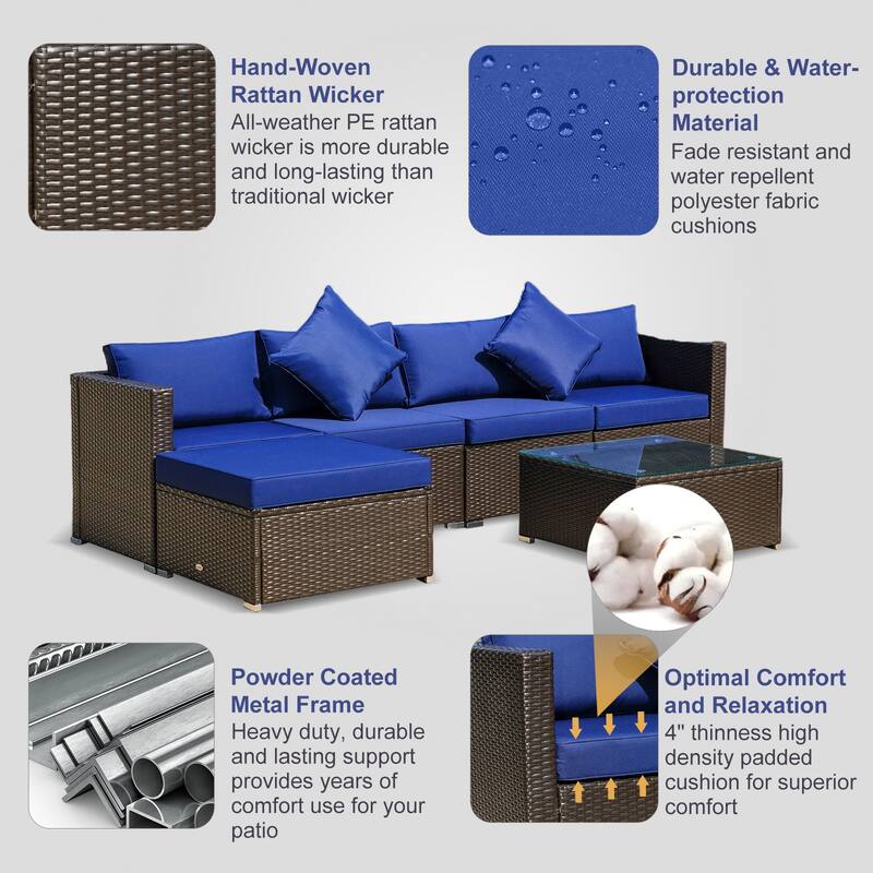 Outsunny 6-Piece Outdoor Patio Rattan Wicker Furniture Set with Comfortable Cotton Cushions, Removable Slip Covers