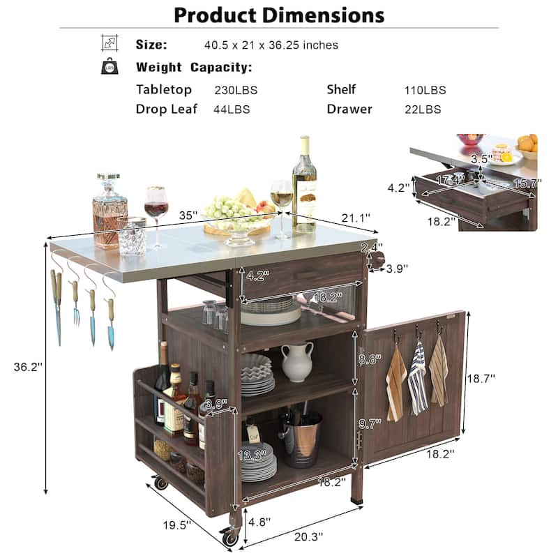 40.5" Outdoor Grill Cart with Stainless Steel Top,Solid Wood Outdoor Storage Cabinet with Drop Leaf - N/A