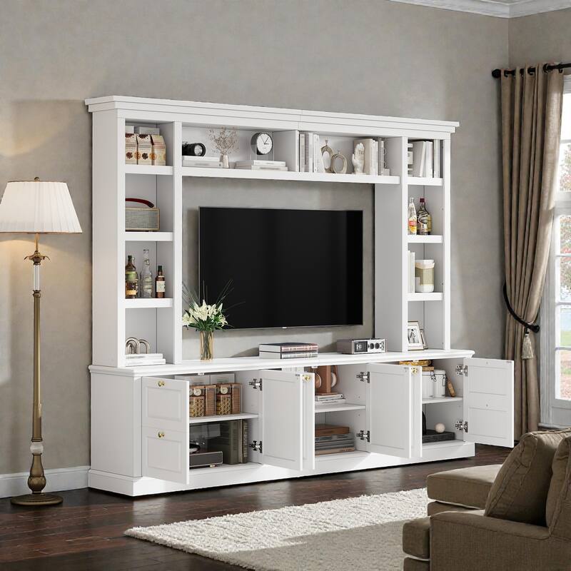 All-in-One Modern TV Stand with Bookcase for TVs up to 70 Inch, Large Entertainment Center with Adjustable Shelves