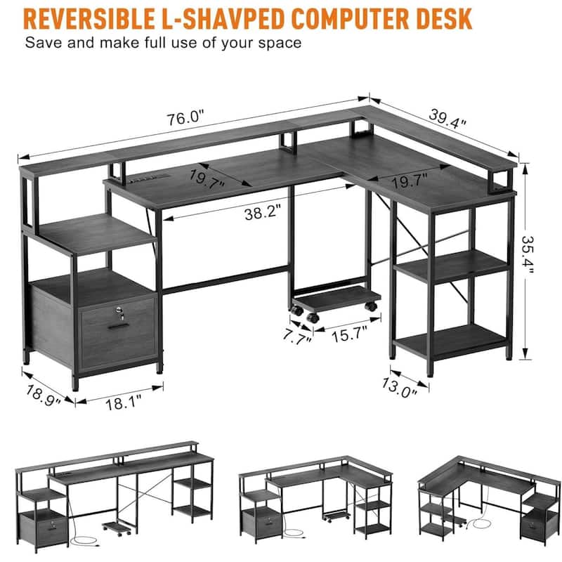76" L Reversible Shaped Computer Desk with Power Outlet & LED Strip
