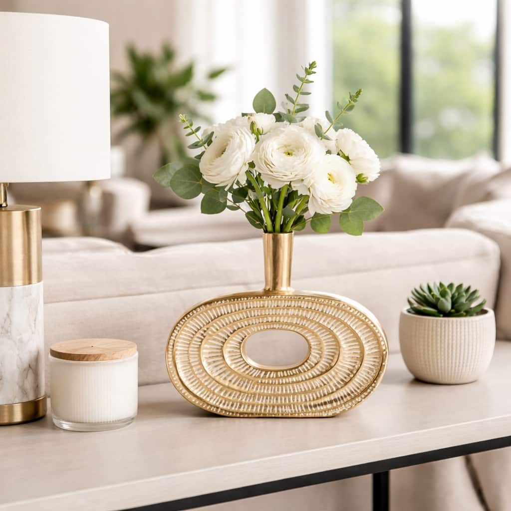 Decorative Vase - Gold Metal Solid - Cut-Out Oval Design