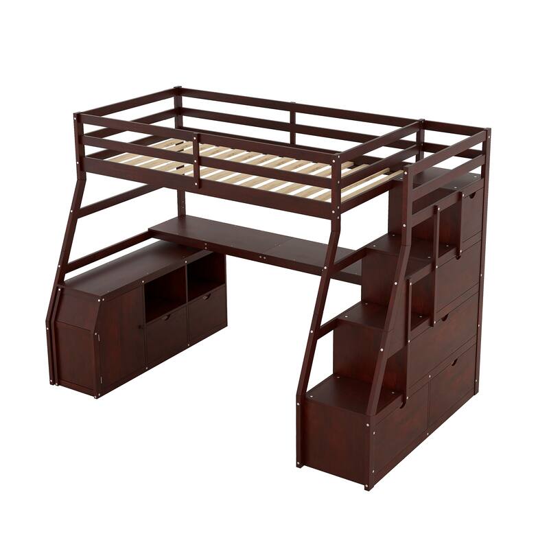 Roomfitters Twin Size Loft Bed with 7 Drawers, 2 Shelves and Desk, Espresso