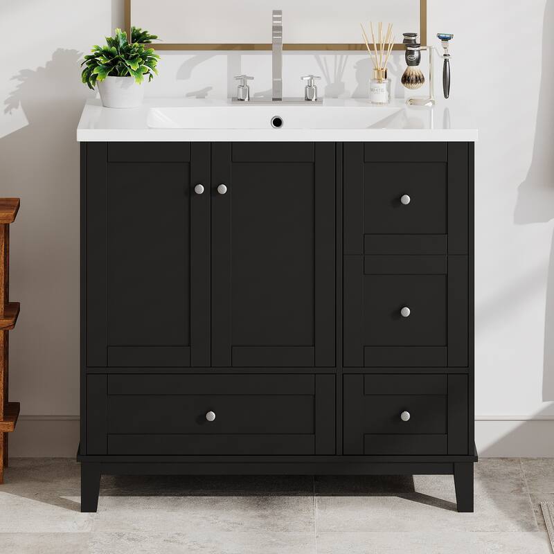 36 Inch Modern Bathroom Vanity with USB Charging, Two Doors and Three Drawers Bathroom Storage Vanity Cabinet