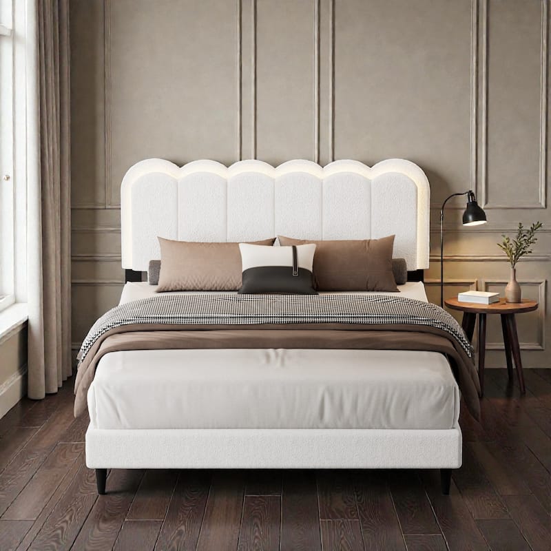 Cream Boucle Petal Headboard Bed Frame with Ambient Light, Full/Queen Soft Upholstered Bedroom Bed - White - Queen
