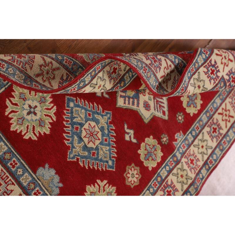 Red Geometric Kazak Oriental Accent Rug Hand-Knotted Wool Carpet - 3'4"x 4'10"