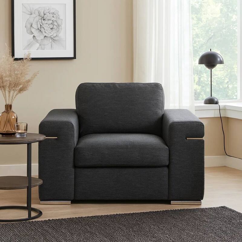 Aria 45 Inch Armchair, European Design, Stainless Steel, Soft Black Fabric