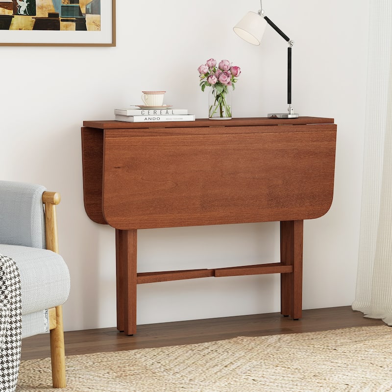 Foldable Dining Table with Drop Leaf Natural and Walnut Rubber Wood Convertible Kitchen Table for Small Spaces