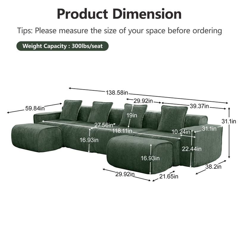 GDFStudio - Velvet Streamlined Modular 4-Seater 138.58" U-Shaped Sectional Sofa with 2 Ottomans