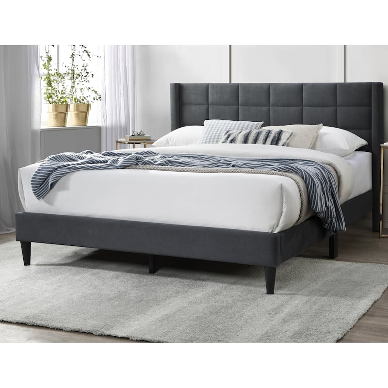 Queen Size Linen Upholstered Platform Bed with Box Stitch Headboard and Modern Platform Design