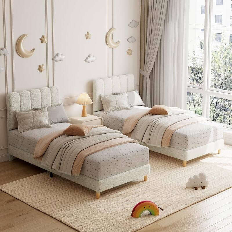 Twin Upholstered Platform Bed Frame with Wave Headboard, Wood Slats, No Box Spring Needed, for Kids or Teens