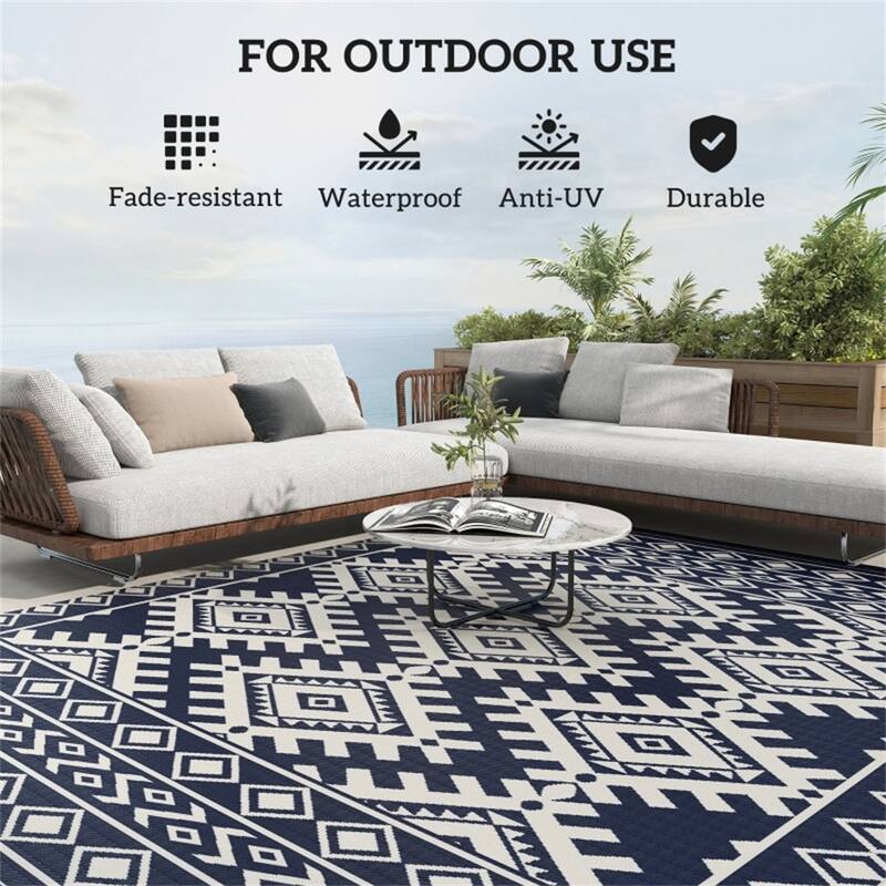 Reversible Outdoor Rug Rhombus Border UV Protected Foldable Camping RV Patio Picnic Mat