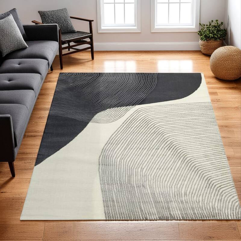 Rosy 8 x 10 Area Rug, Swirling Design Soft Pile Polyester, Black Gray Beige - 8' x 10'