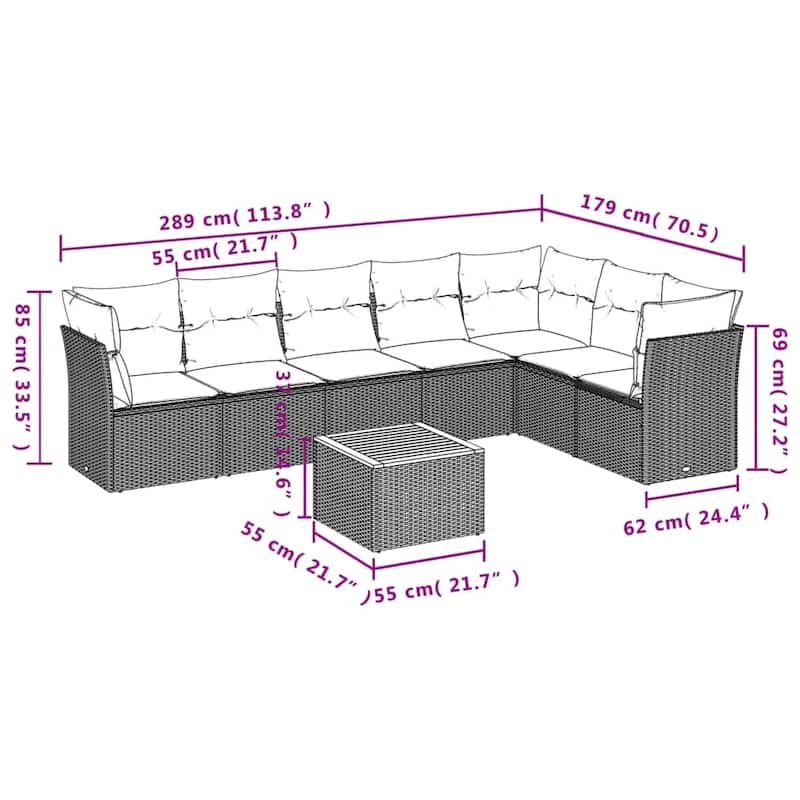 vidaXL Patio Sofa Set with Cushions Outdoor Furniture 8 Piece Poly Rattan - 24.4" x 24.4" x 27.2"
