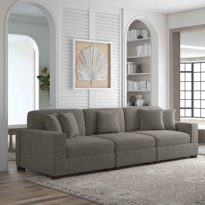 Corduroy Couch Modular Sectional Sofa with Pillows - 3 Piece - Light Grey