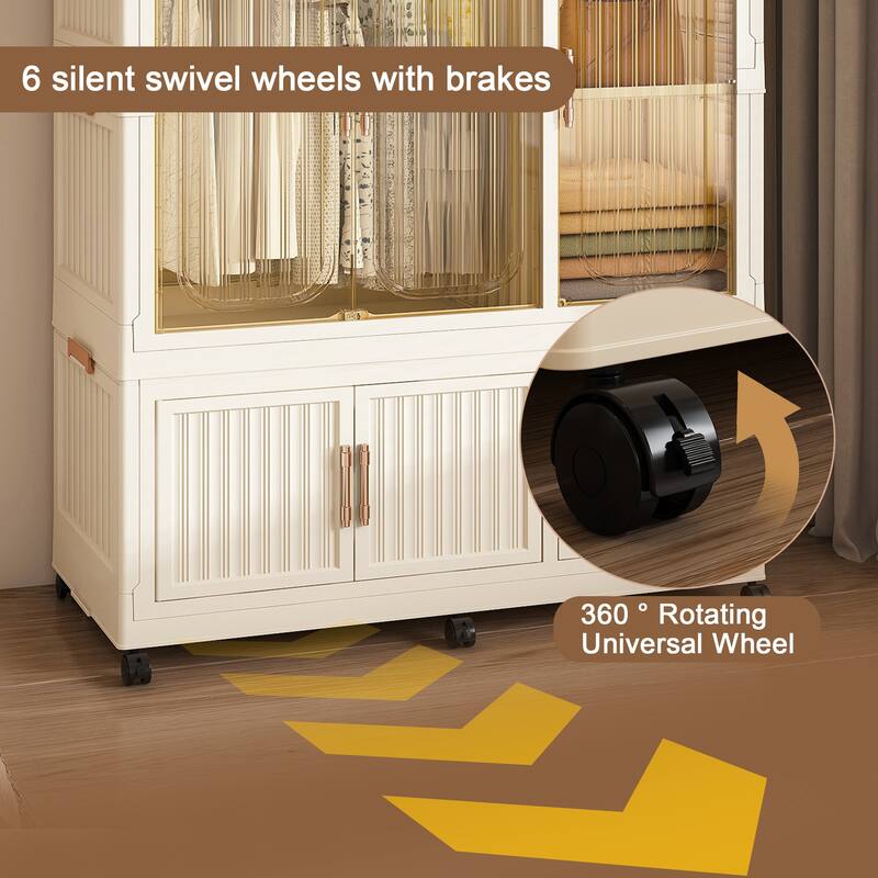 Portable Wardrobe Closet with 9 Magnetic Doors, 9 Cubes, 2 Hanging Rods, 6 Hangers & Wheels, Plastic Storage Organizer