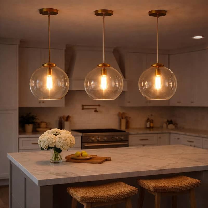 Rexe Satin Brass Pendant with Clear Glass Dome Shade - Clear Glass - Clear Glass
