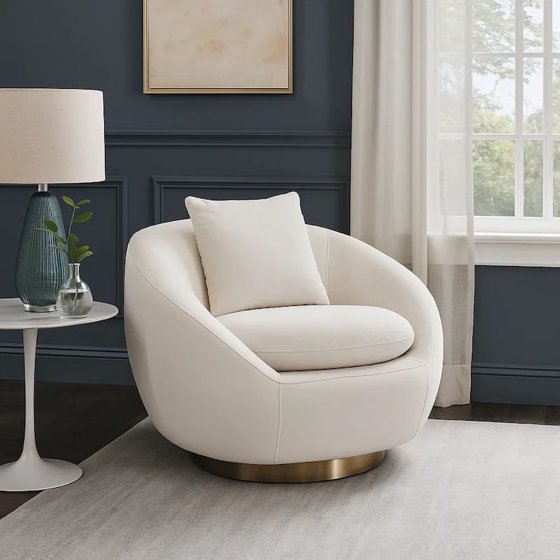 Dela Swivel Accent Chair with Pillow, Cream Velvet, Brushed Gold Base