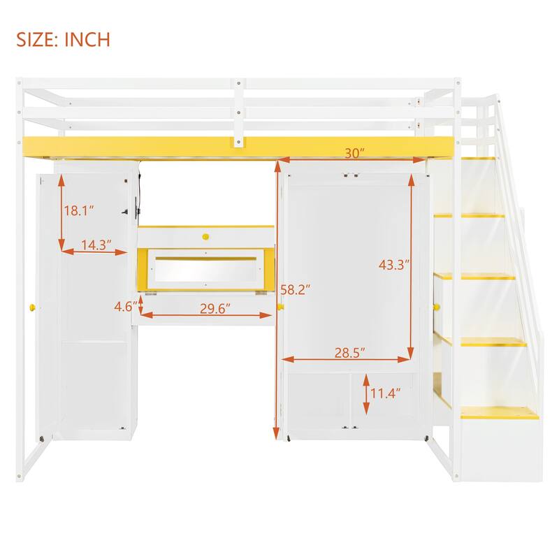 Roomfitters Full Size Loft Bed with Wardrobe, Dressing Table and Storage Staircase
