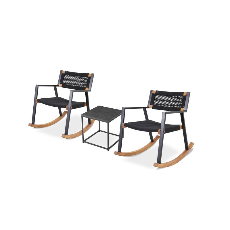 M4H Cabra 3-Piece Solid Wood Metal Rocking Outdoor Rope Chair Set