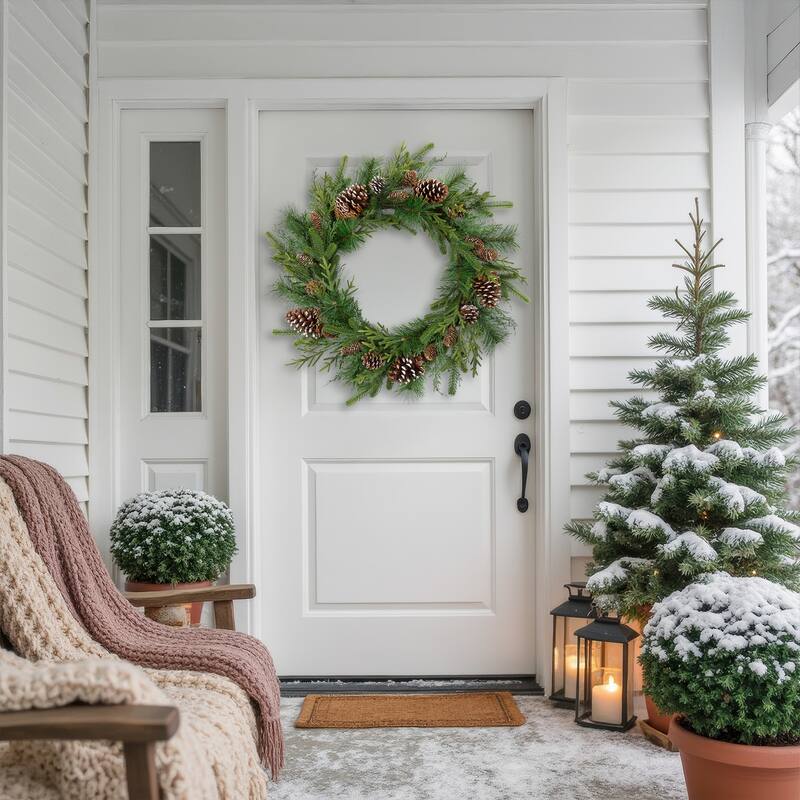 Mixed Birch and Cedar Iced Pinecone Artificial Christmas Wreath - 28" - Unlit