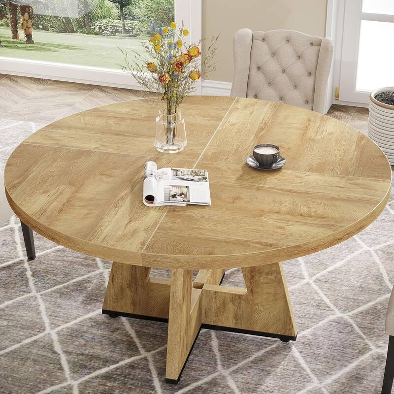 47" Round Wood Dining Table 4-Seater Farmhouse with Wooden Tabletop Cross Base for Dining Room/Kitchen
