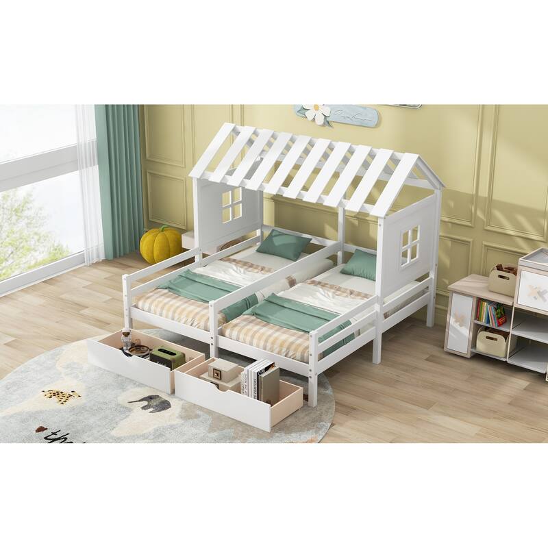 Twin Size House Platform Beds with Two Drawers for Boy and Girl Shared