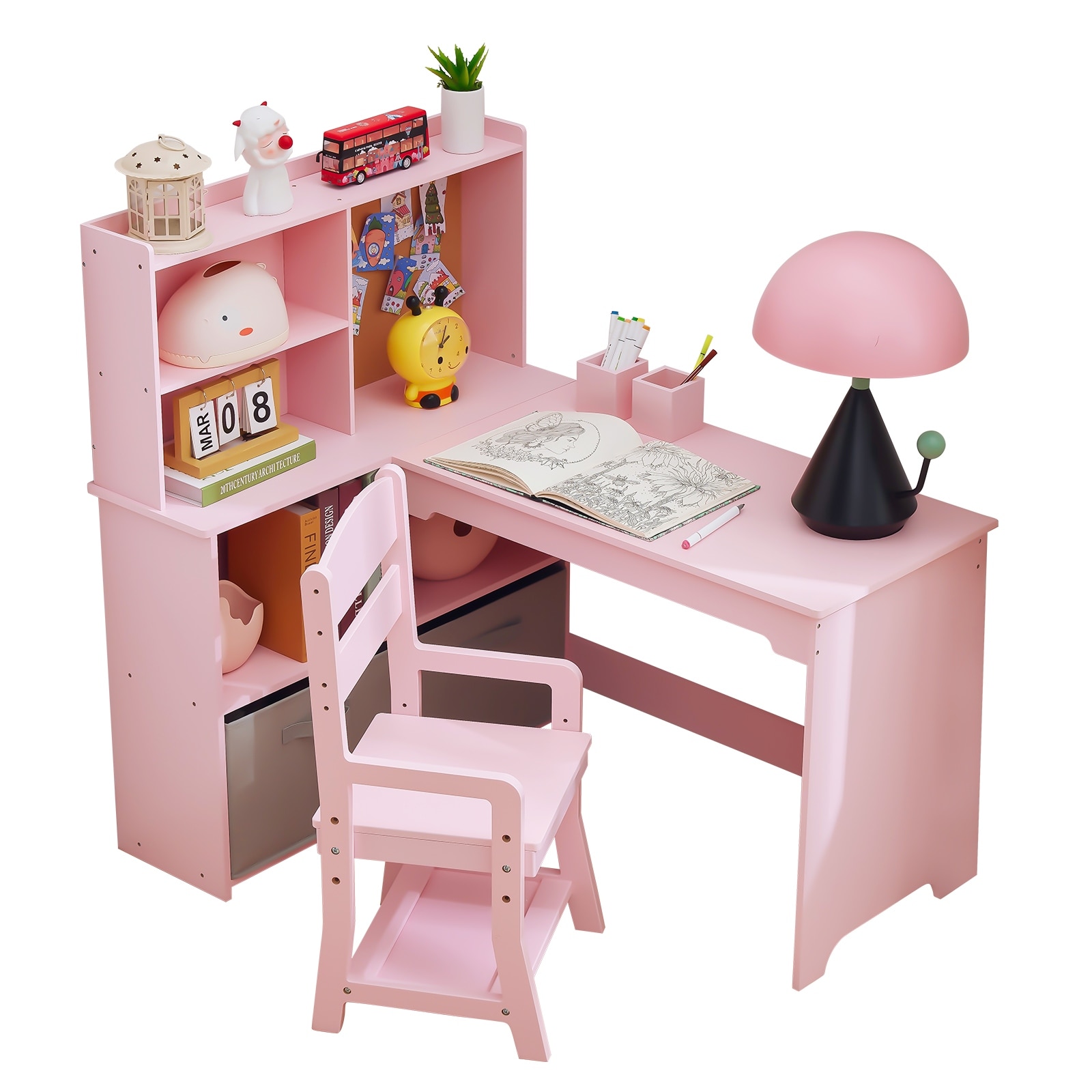Kids Corner Desk and Chair Set – Study Table with Bookshelf, Cloth