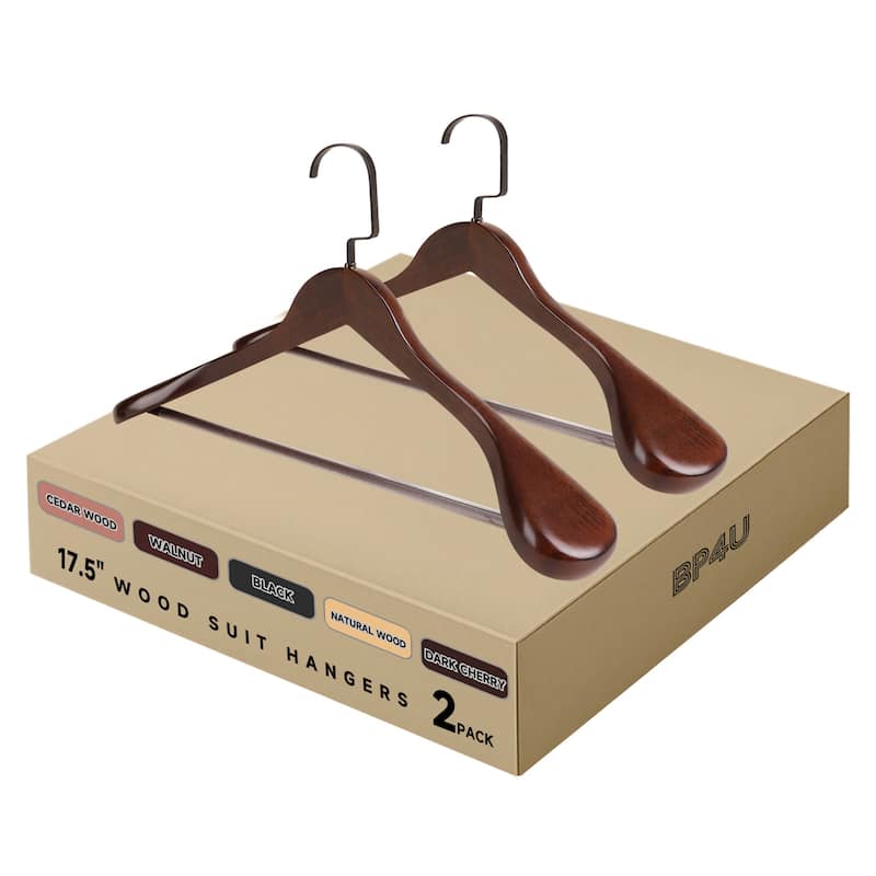 BP4U Premium Wide Shoulder Wooden Suit Hangers, 17.5-Inch Heavy-Duty Solid Wood Coat Hangers for Men's Clothes - 2-Pack - Walnut
