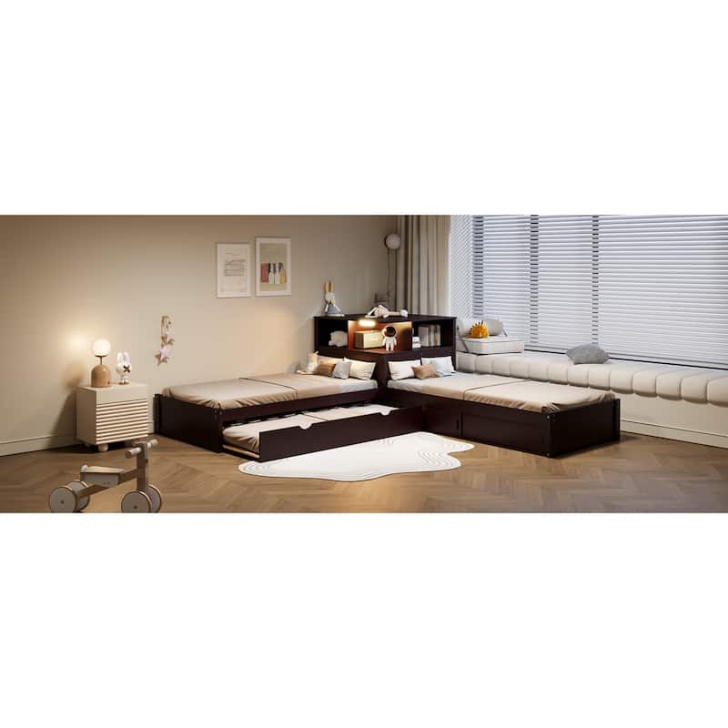 Roomfitters Twin L-Shaped Platform Bed with Trundle, Storage Cabinets and LED Desk