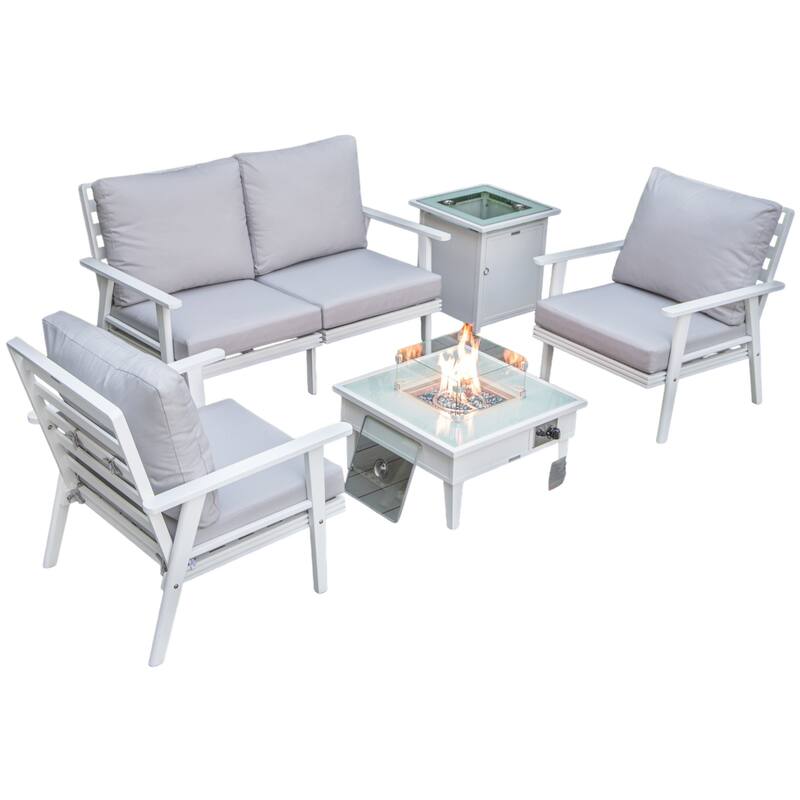 Walbrooke Modern 5-Piece Aluminum Patio Polyester Seating Furniture Set with 37,000 BTU Propane Fire Pit Table and Tank Holder - Light Grey