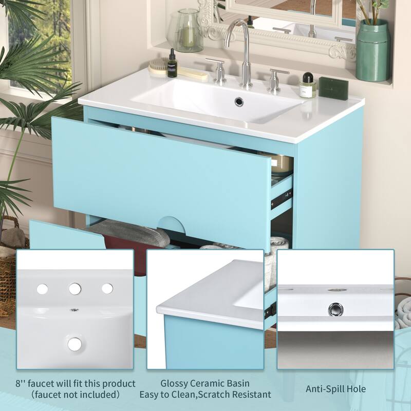 30'' Bathroom Vanity Cabinet with Ceramic Sink Combo Set, Solid Wood Frame Modern Bathroom Storage Cabinet with 2 Drawers, Blue