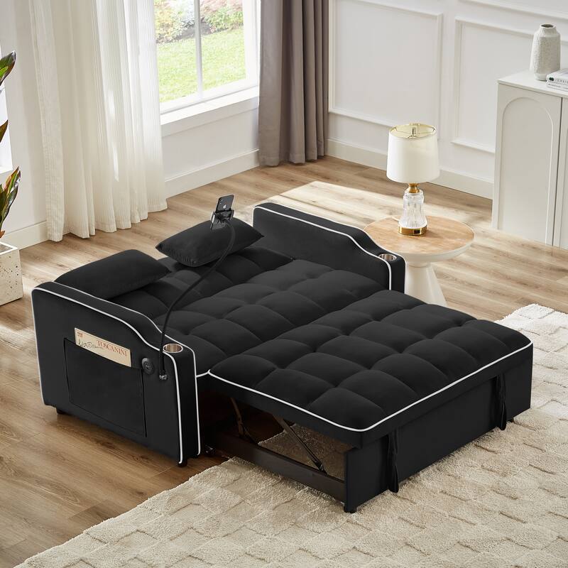 Versatile Foldable Sofa Bed in Black, Adjustable Back, USB Port, Phone Stand