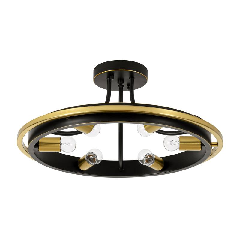 21.7" 6-Light Industrial Mette Black & Gold Wagon-Wheel Circle Ring Semi-Flush Mount Ceiling Light for Living Room, Kitchen