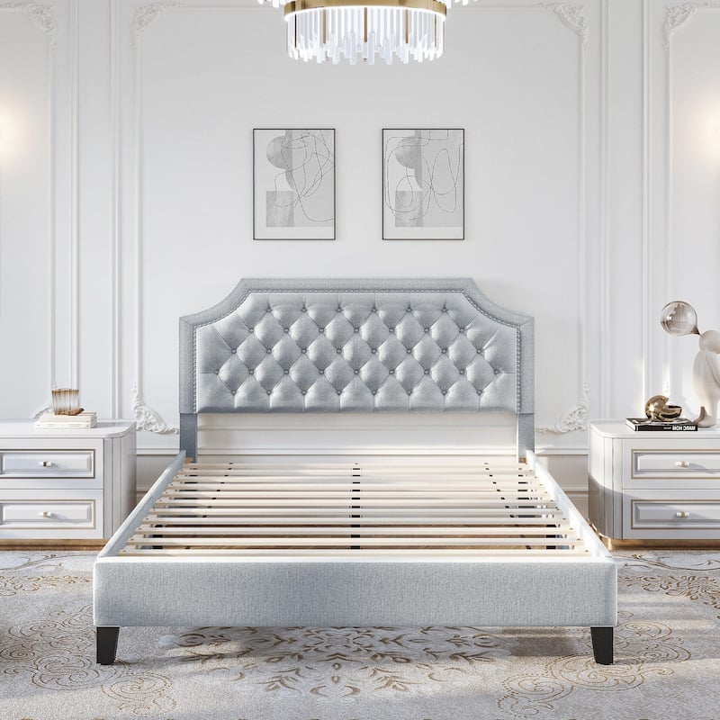 Moasis Button-Tufted Linen Upholstered Platform Bed with Adjustable Headboard