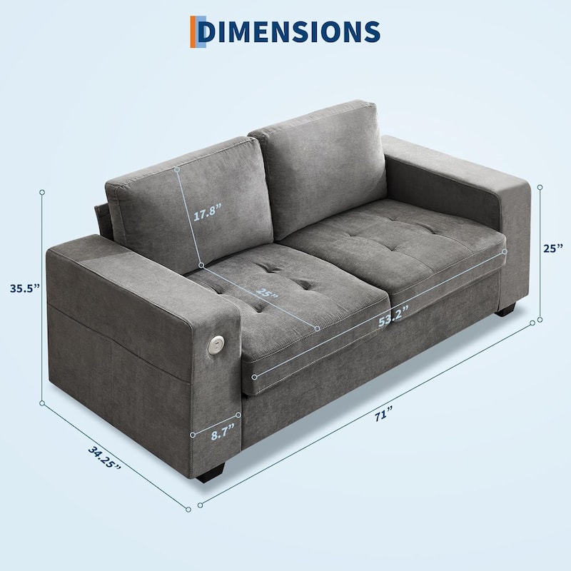 70" Chenille Loveseat Sofa with USB Charging – Modern Sectional w/Storage Pockets & Removable Cover for Living Room,