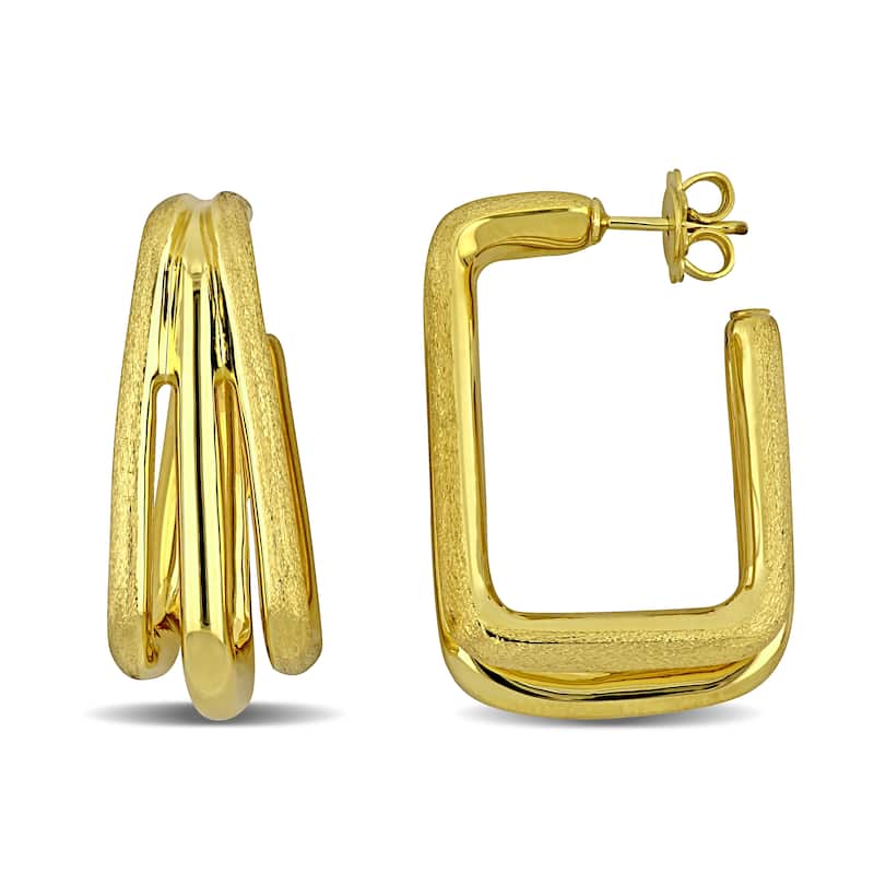 Miadora 33mm Triple Row Satin Polished Finish Square Hoop Earrings in 14K Yellow Gold