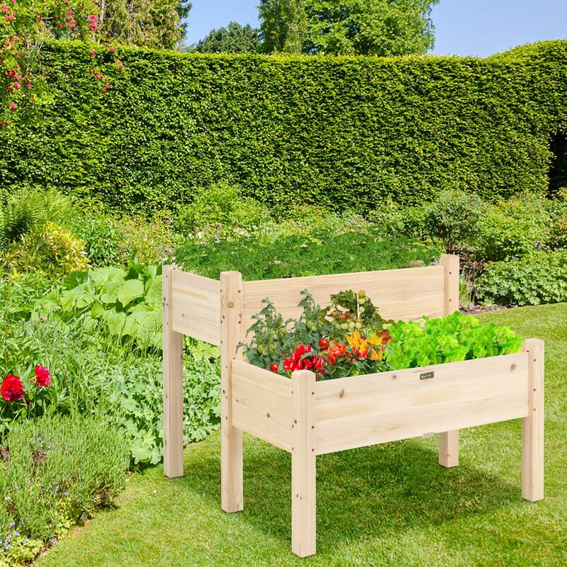 2-Tier Raised Garden Bed with Fir Wood and Drainage Holes for Plants - 34" x 33.5" x 28.5" (L x W x H)