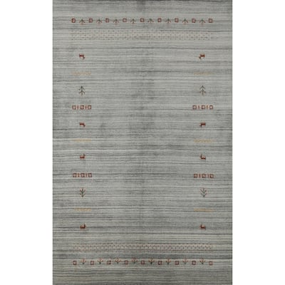 Hand Knotted Oriental 100% Wool Carpet Tribal Animal Pictorial Greys & Charcoal Gabbeh Area Rug - 8' 0'' X 5' 0''