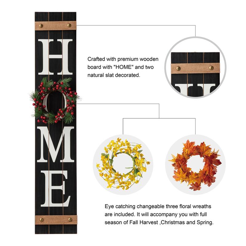 Glitzhome 42"H Wooden "HOME" Porch Sign with 3 Changable Floral Wreaths