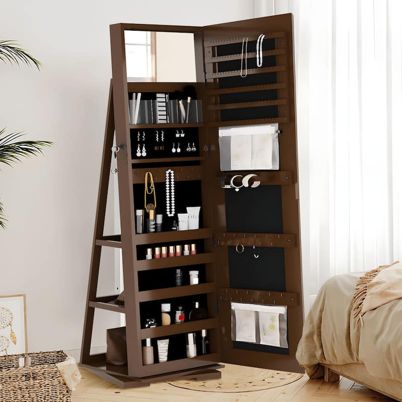 Standing Lockable Jewelry Armoire Jewelry Cabinet Organizer with Full-Length Mirror - 62.4"×14.8"