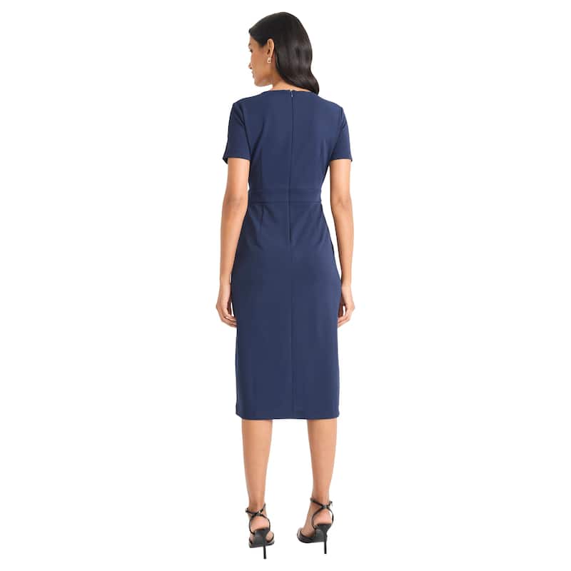 Maggy London Women's Boatneck Short Sleeve Sheath Midi Dress With Wrap Hem And Back Zipper