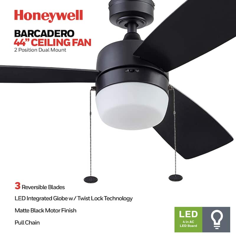 44" Honeywell Barcadero Matte Black Contemporary Indoor LED Ceiling Fan with Light, Pull Chain