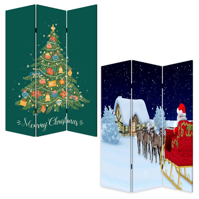 72 Inch 3 Panel Canvas Screen Room Divider, Painted Christmas Tree, Green