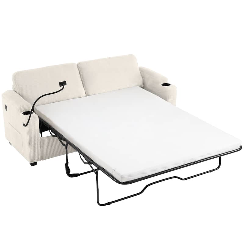 72.8" Corduroy Sleeper Sofa with Full Size Mattress and USB Ports, Loveseat Sofa with Cup Holders and Side Pockets