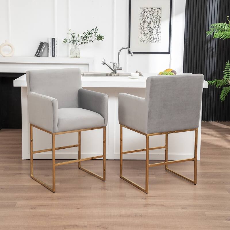 SEYNAR Mid Century Modern Velvet Accent Armrest 27-inch Tall Bar Stool Set of 2 with Metal Frame