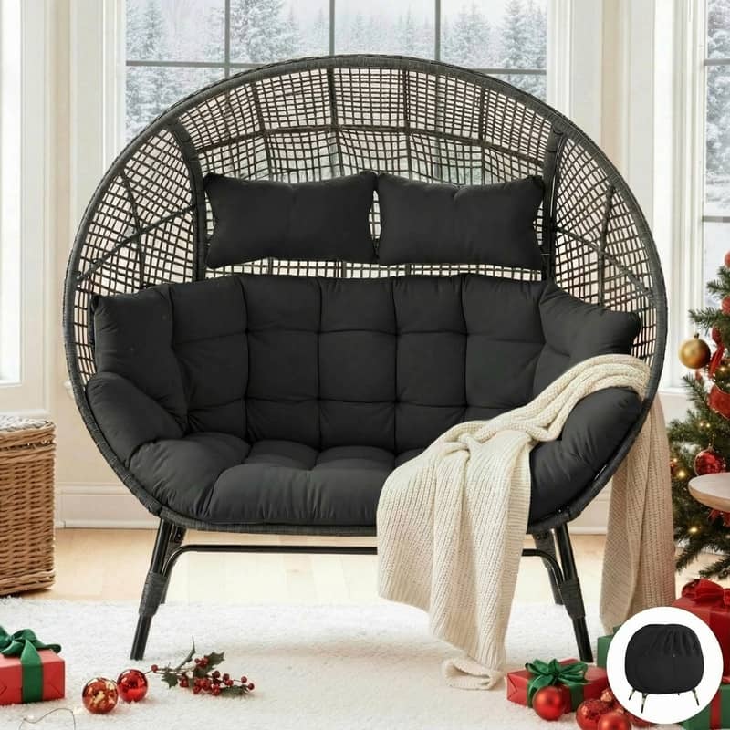 FINCATI 2-Person Indoor/Outdoor Wicker Egg Chair Loveseat, 57.1-in Wide, 6.5-in Cushion, 680-lb Capacity - Dark Gray w/ Cover