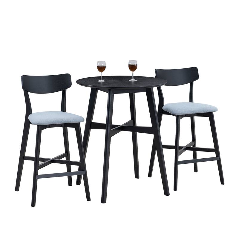 Modern 3-Piece Dining Set with Round Counter Height Bar Table & 2 Upholstered Chairs - Black